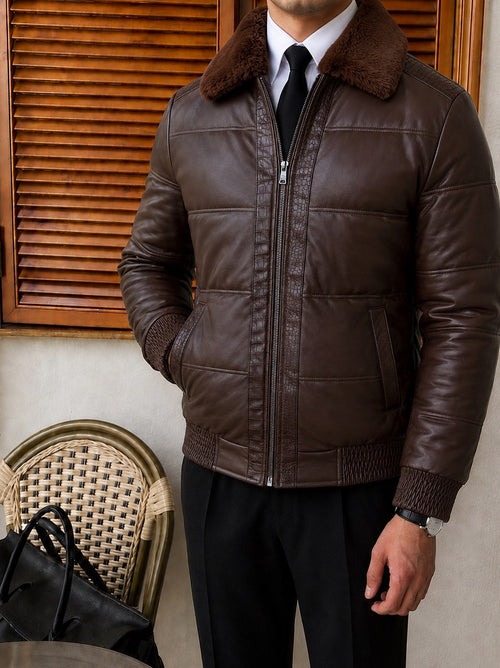 Udine Fur-Collar Leather Jacket - Chocolate