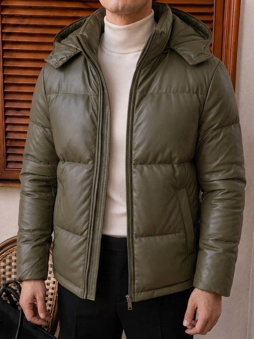 Trento Hooded Leather Jacket - Khaki