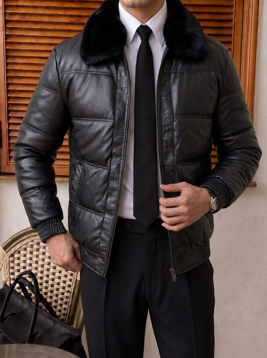 Udine Fur-Collar Leather Jacket - Black