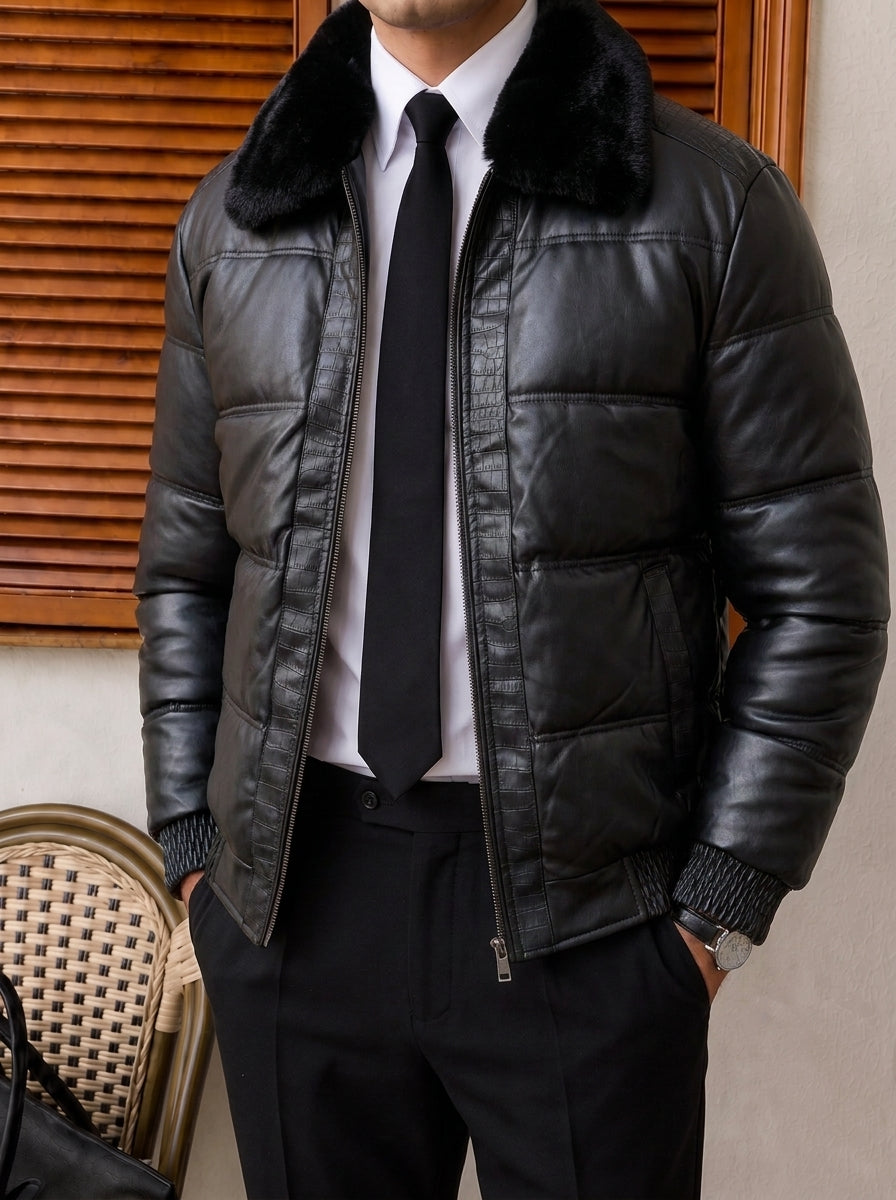 Udine Fur-Collar Leather Jacket - Black