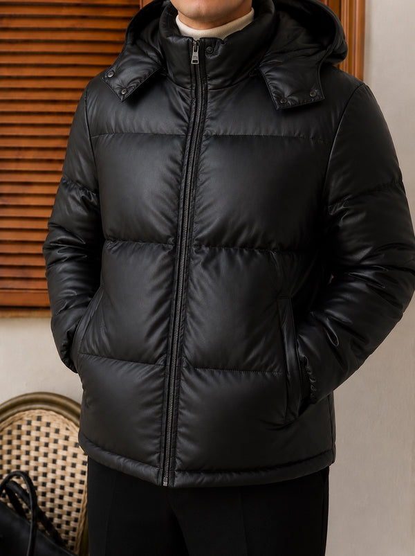 Trento Hooded Leather Jacket - Black fabric