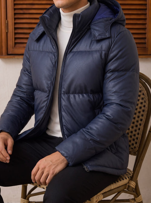Trento Hooded Leather Jacket - Blue