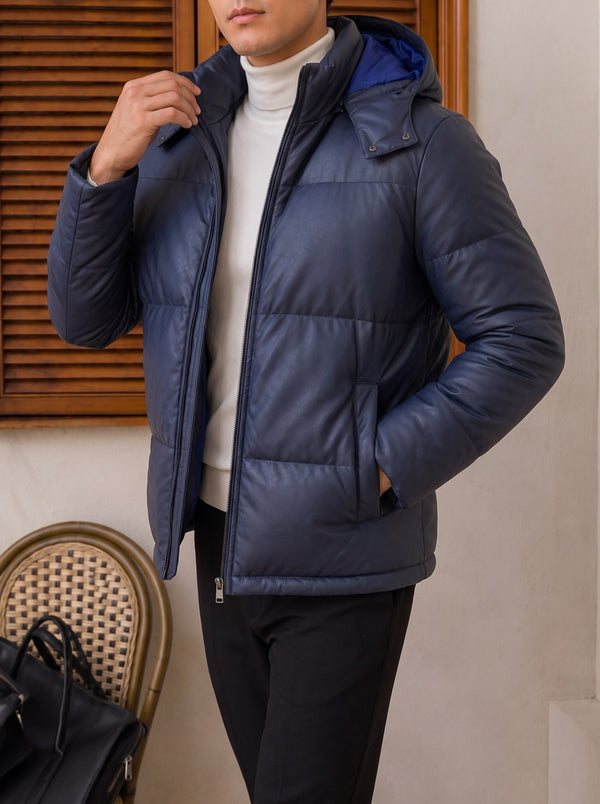 Trento Hooded Leather Jacket - Blue