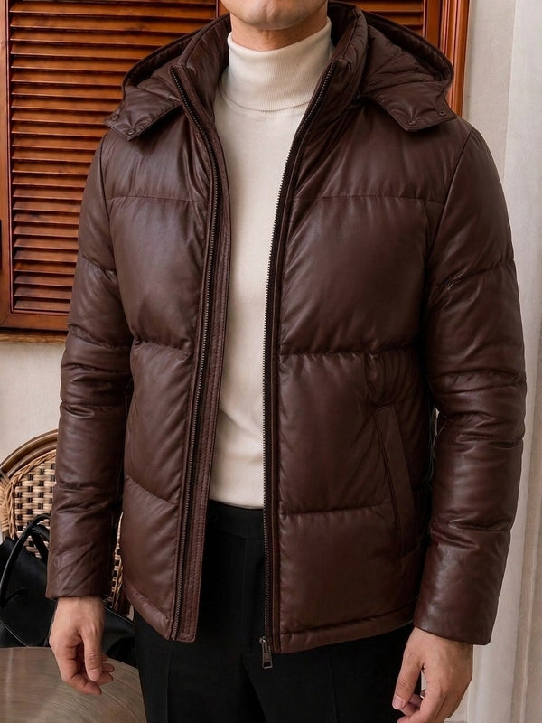 Trento Hooded Leather Jacket - Chocolate fabric