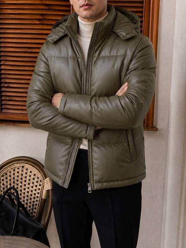 Trento Hooded Leather Jacket - Khaki
