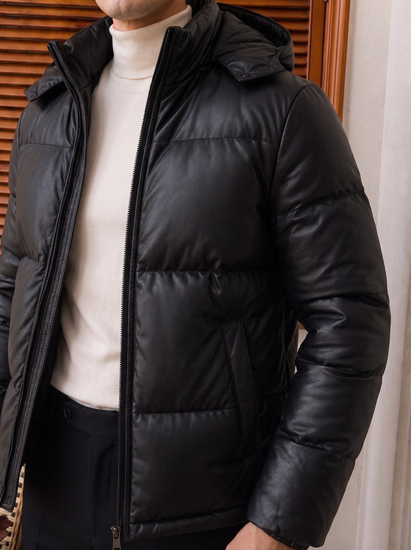 Trento Hooded Leather Jacket - Black fit