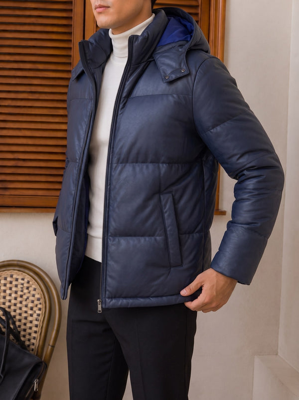 Trento Hooded Leather Jacket - Blue detail