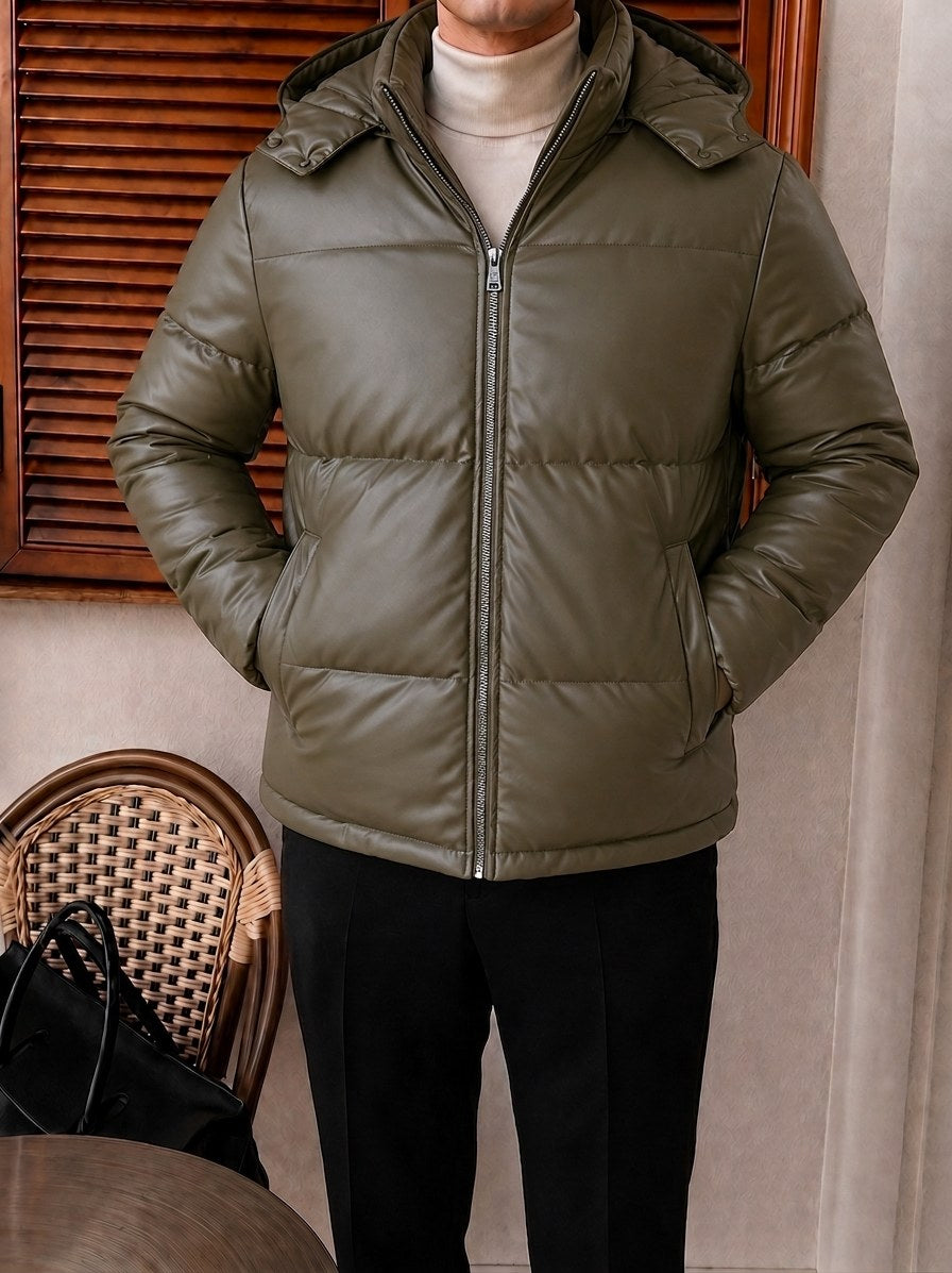 Trento Hooded Leather Jacket - Khaki