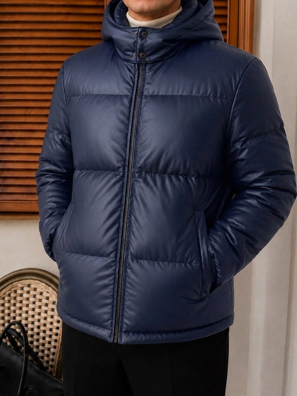 Trento Hooded Leather Jacket - Blue fabric