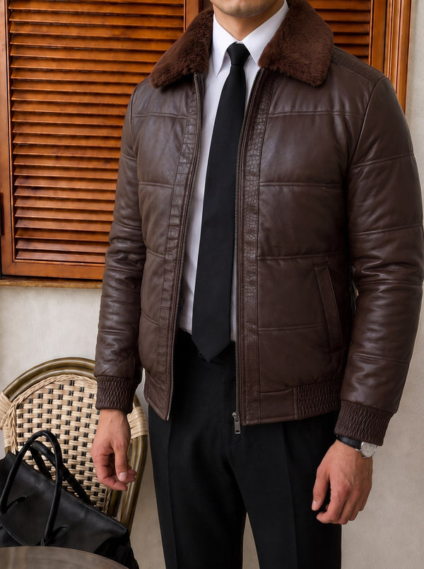 Udine Fur-Collar Leather Jacket - Chocolate fabric