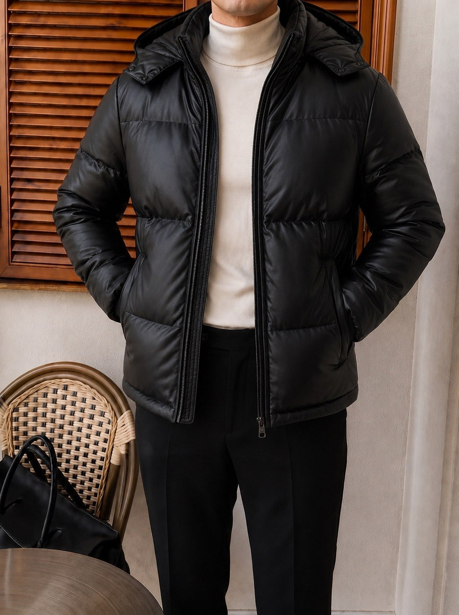 Trento Hooded Leather Jacket - Black