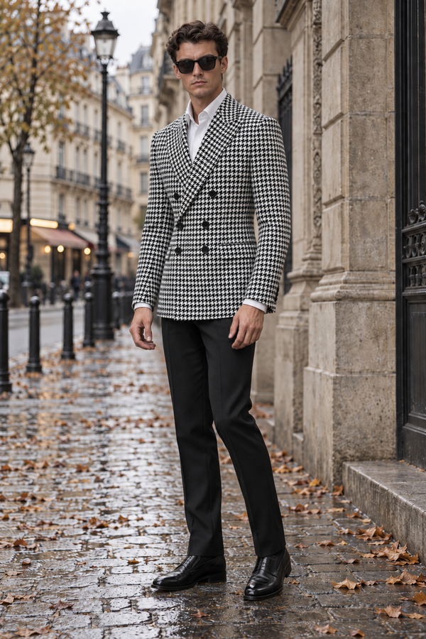 Feltre Houndstooth Double-Breasted Blazer fabric